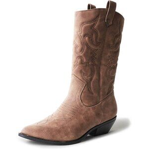 Women Polyurethane Taupe Mid Calf Low Heel Pointed Toe Cowgirl Western Boot